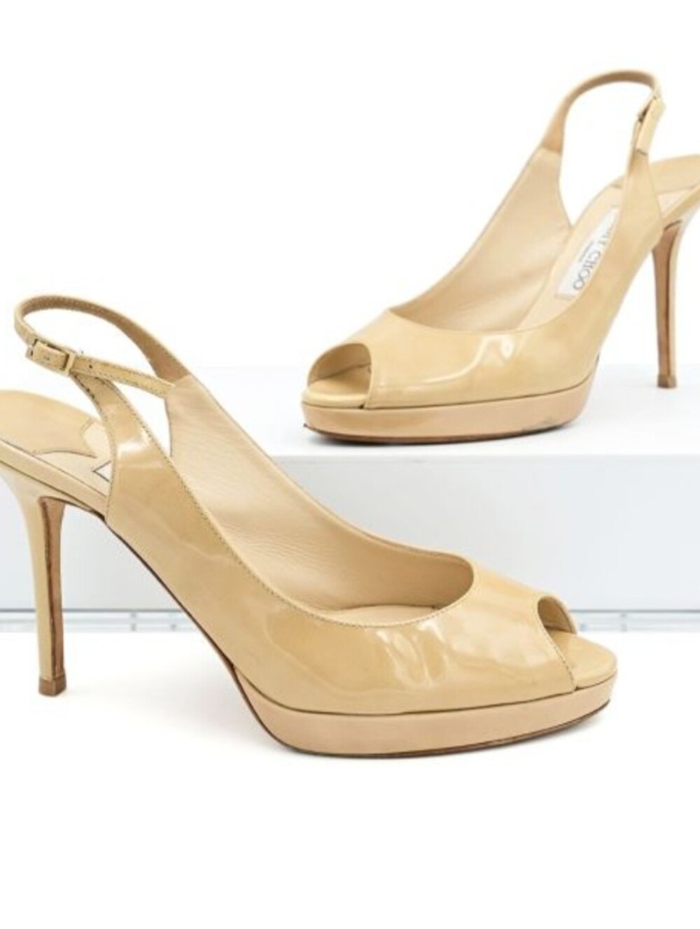 Jimmy Choo Nova Nude Patent Leather Peep Toe Slingback Platform Pumps, Size 38.5